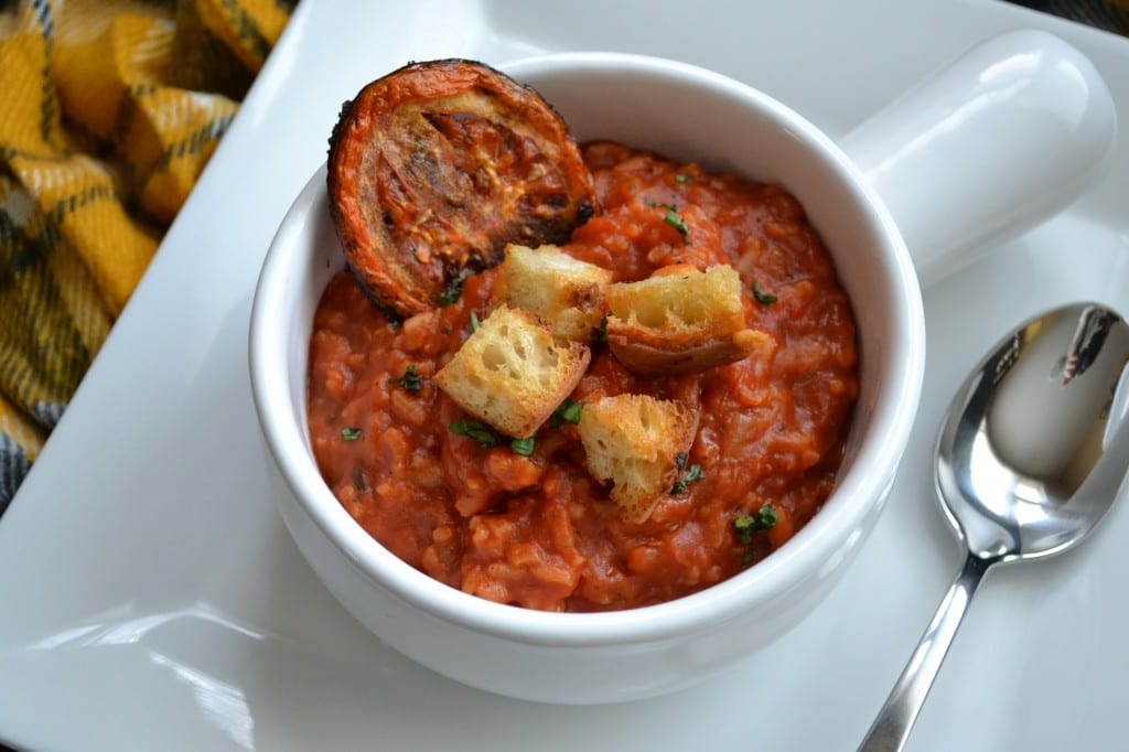 Tomato & Rice Soup with Cheesy Garlic Croutons