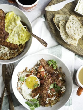 Crispy Hash Brown Breakfast Bowls - perfectly crisp hash browns with bacon and eggs - Sarcastic Cooking