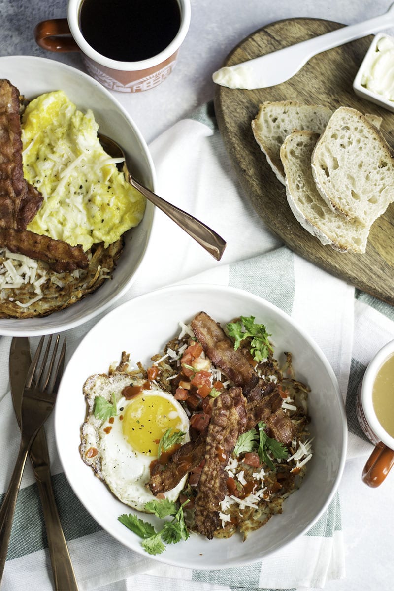 Crispy Hash Brown Breakfast Bowls - perfectly crisp hash browns with bacon and eggs - Sarcastic Cooking