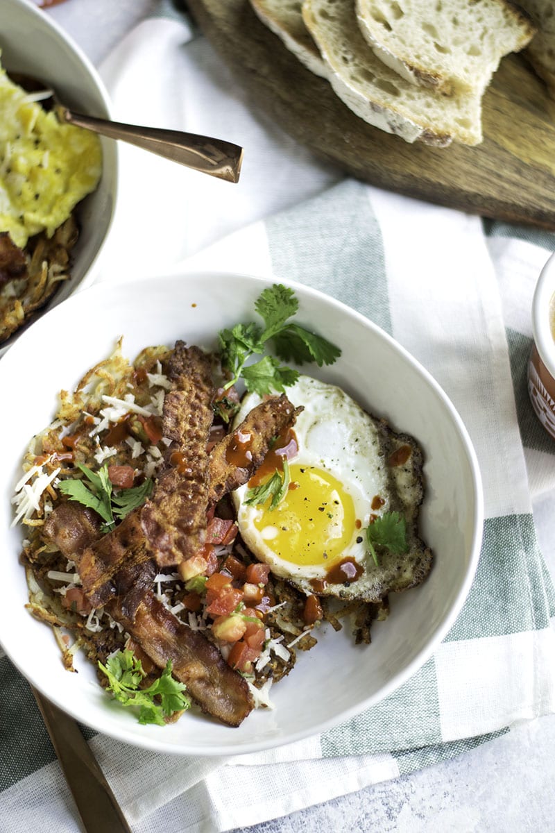 Perfectly Crispy Hash Browns Breakfast Bowl with Bacon and Eggs - Sarcastic Cooking
