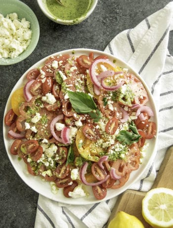 Marinated Tomat and Feta salad with Basil Vinaigrette and Pickled Red Onions | Sarcastic Cooking