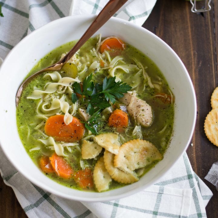 Instant Pot Pesto Chicken Noodle Soup - all the flavors of pesto plus cold fighting chicken noodle soup all in the instant pot | Sarcastic Cooking