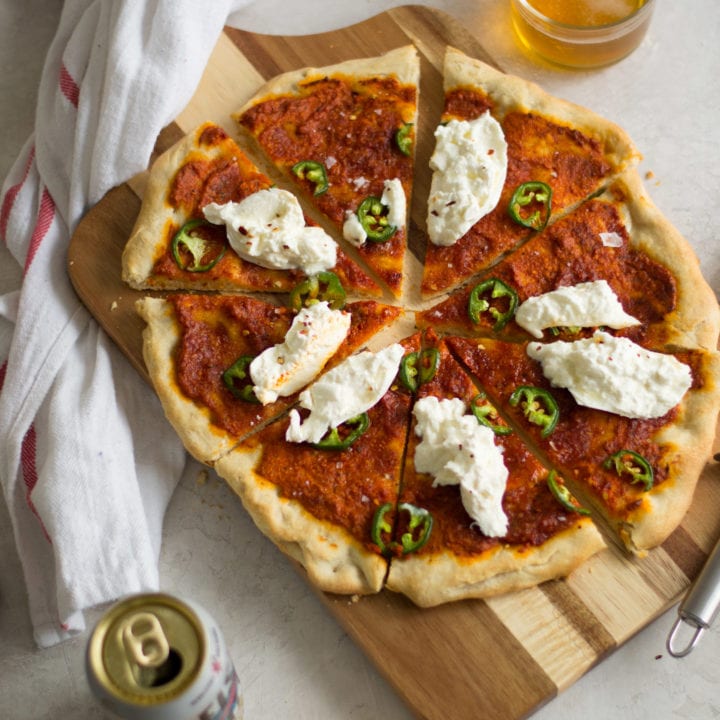 Romesco, Jalpeño, Burrata Pizza - Sarcastic Cooking
