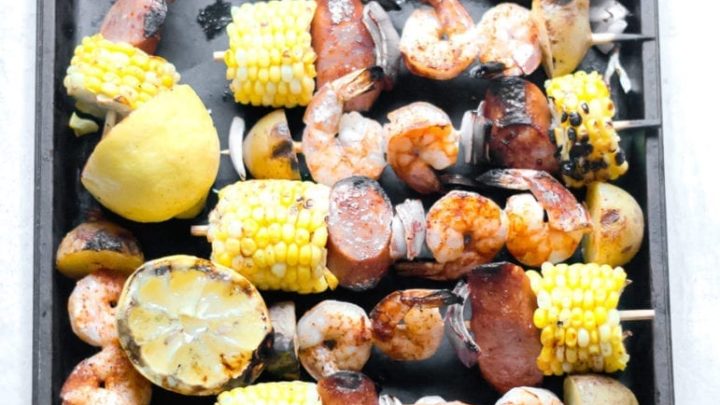 Easy, grilled shrimp boil skewers | sarcastic cooking