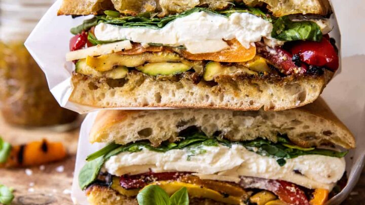 Image for Grilled Vegetable Burrata Sandwich with Lemon Thyme Honey Mustard.